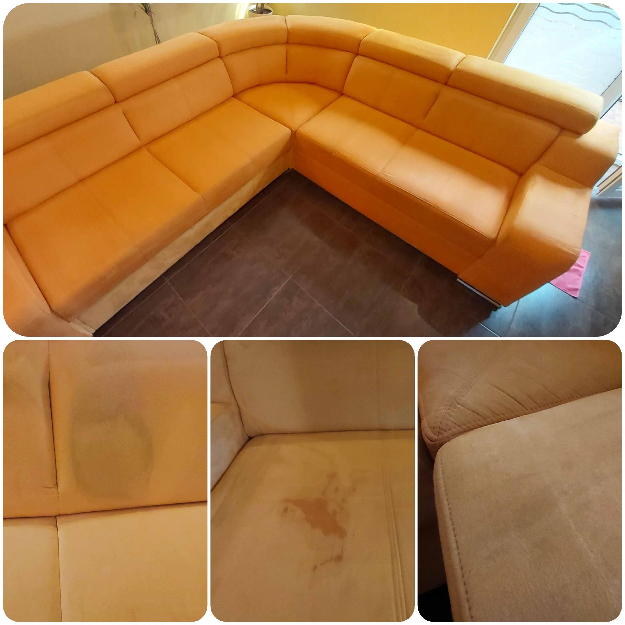 Narożnik z jasnej tapicerki przed i po czyszczeniu, widoczne plamy i ich usunięcie, brązowe płytki na podłodze.