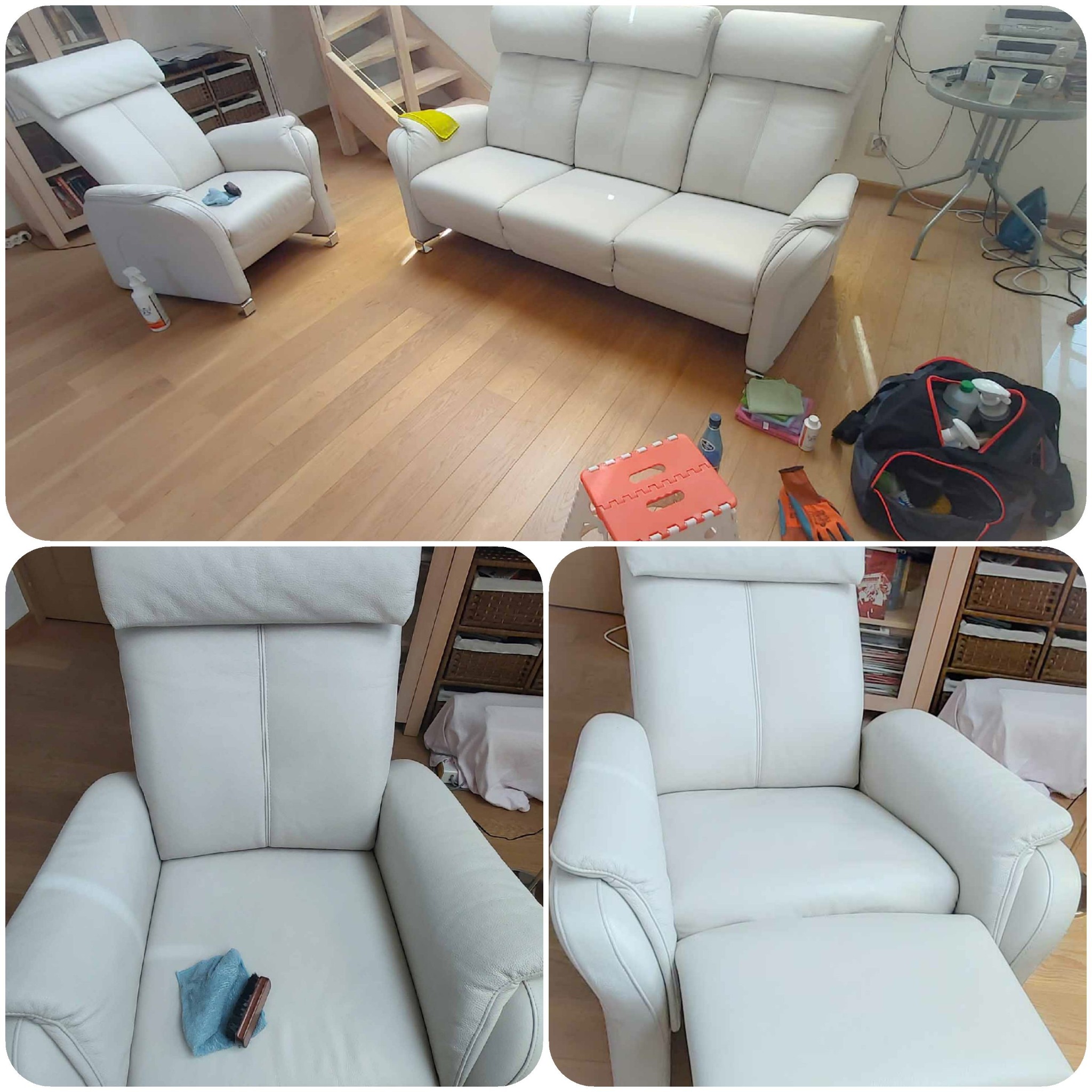 Jasny skórzany zestaw wypoczynkowy (sofa i fotel) w trakcie czyszczenia, widoczne ślady po czyszczeniu na fotelu, obok leżą narzędzia i środki czyszczące.