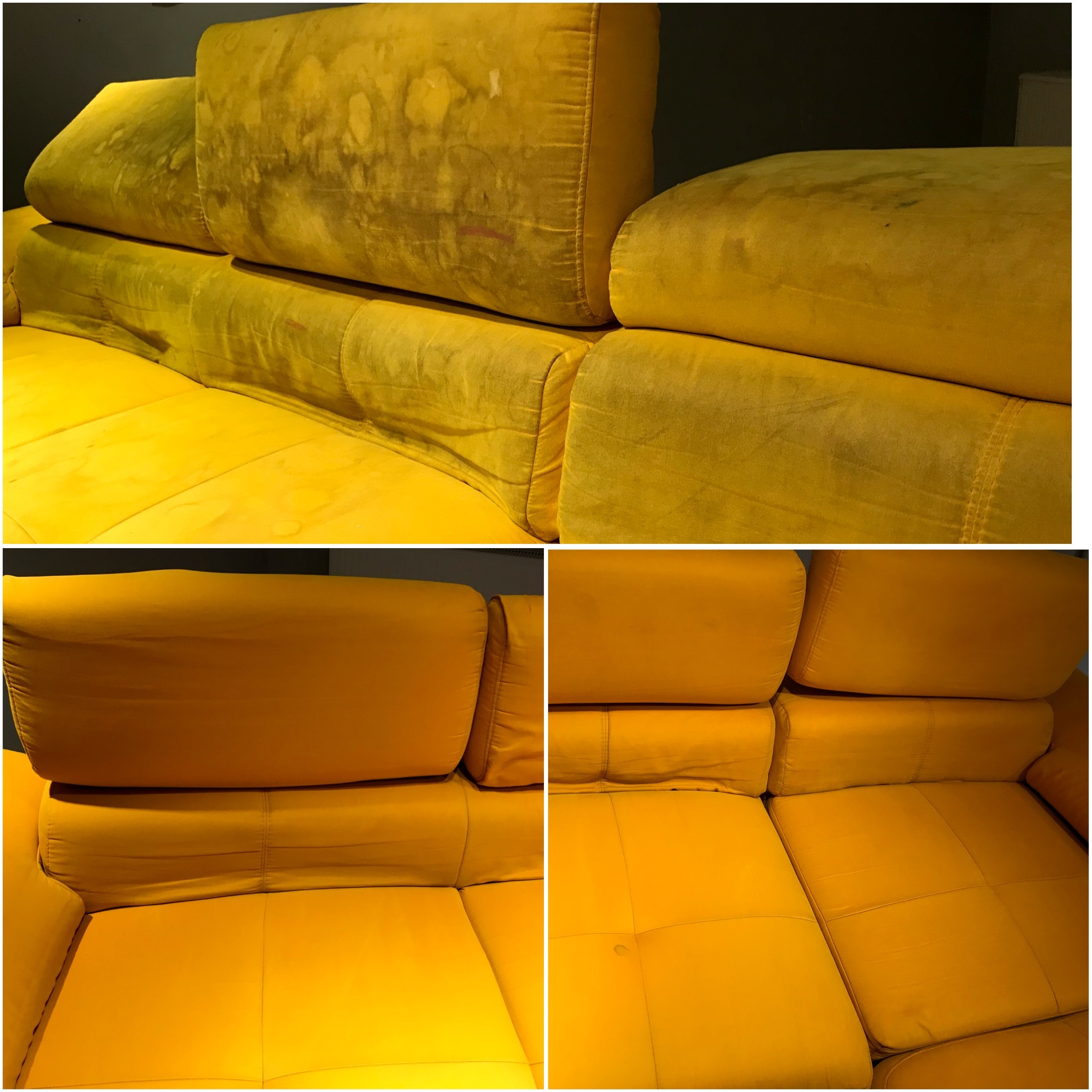 Żółta, modułowa sofa z widocznymi plamami i zabrudzeniami na oparciu, ukazująca potrzebę odświeżenia tapicerki.