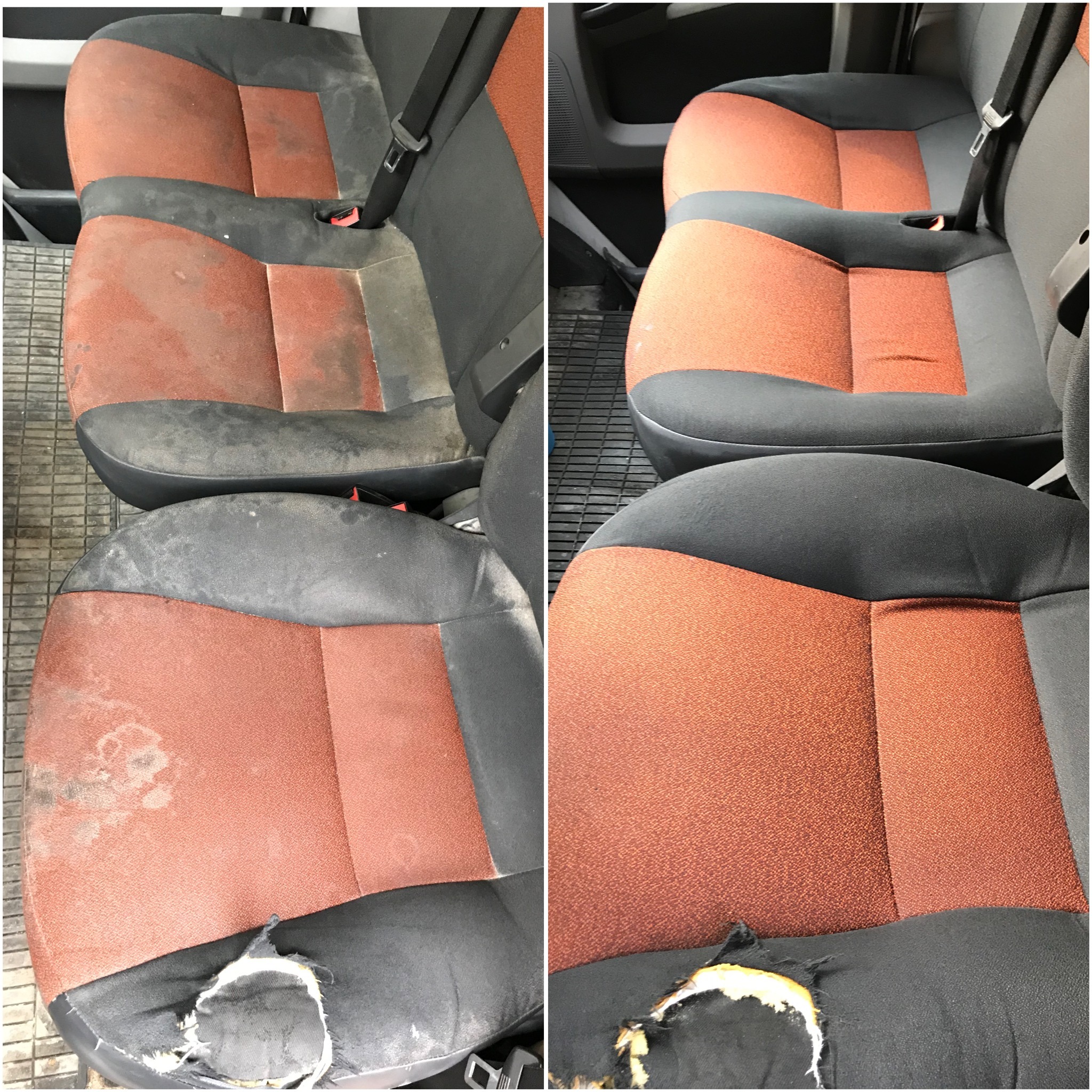 Porównanie fotela samochodowego przed i po praniu tapicerki: po lewej stronie widoczne silne zabrudzenia i plamy, a także rozdarcie, po prawej stronie fotel czysty, z wyczyszczoną tapicerką, ale...