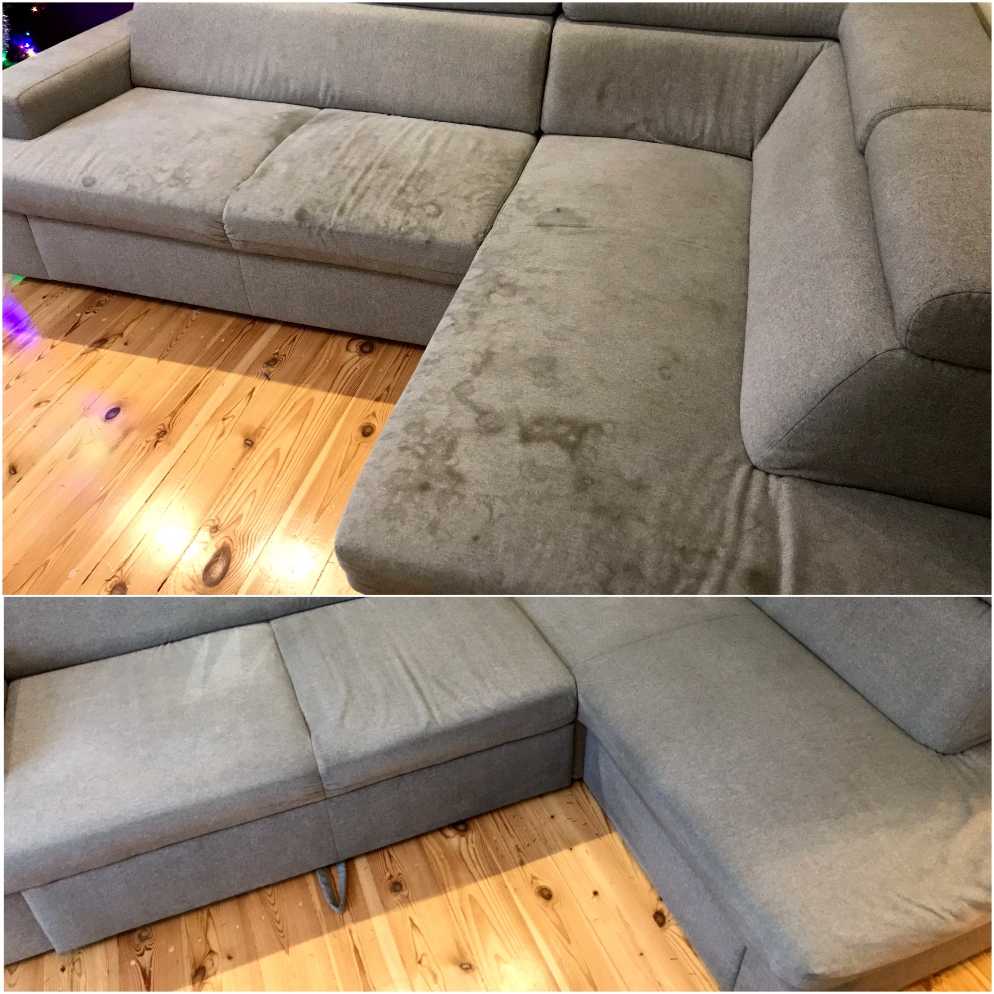 Szara, narożna kanapa modułowa z widocznymi plamami na siedzisku, sfotografowana z bliska na tle drewnianej podłogi przed i po czyszczeniu.