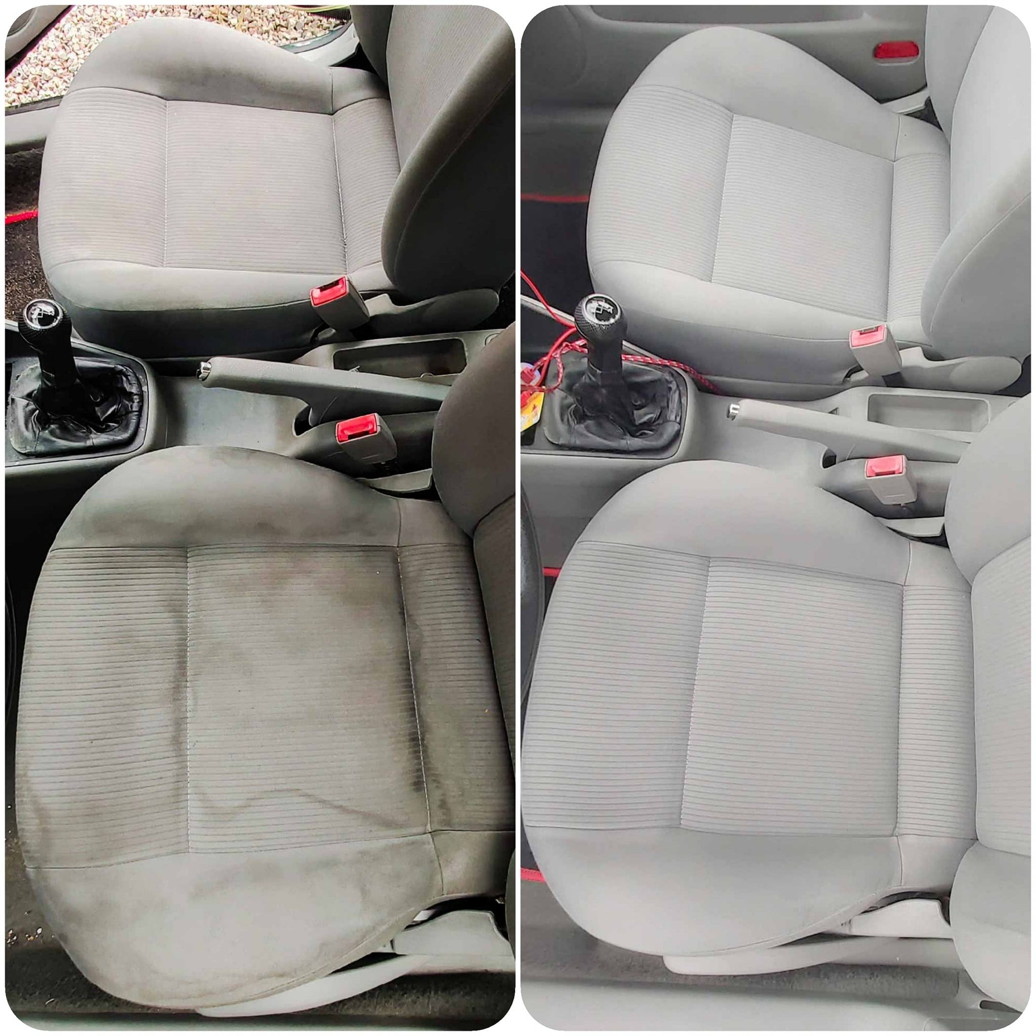 Porównanie fotela samochodowego przed i po czyszczeniu, ukazujące znaczną różnicę w wyglądzie tapicerki.