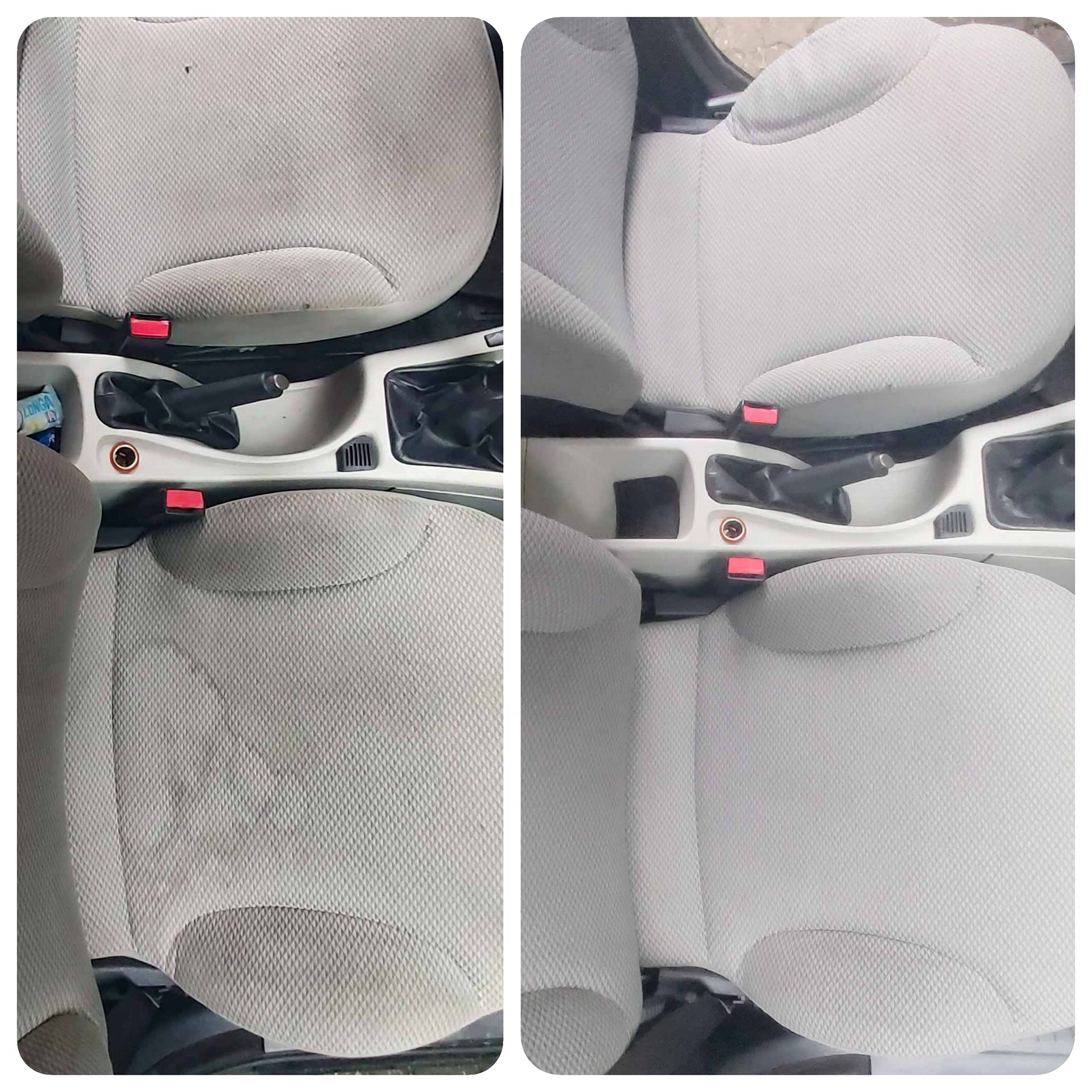 Porównanie fotela samochodowego przed i po czyszczeniu tapicerki w Białymstoku, widoczne wyraźne usunięcie plam i zabrudzeń.