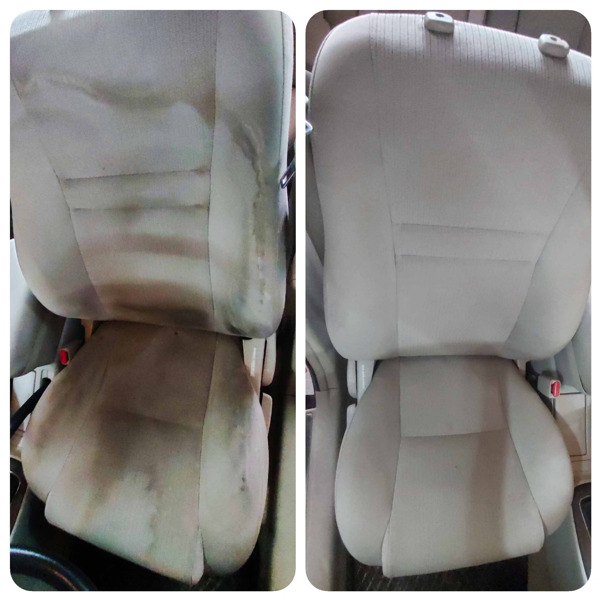 Porównanie fotela samochodowego przed i po czyszczeniu, widoczne wyraźne różnice w czystości tapicerki.