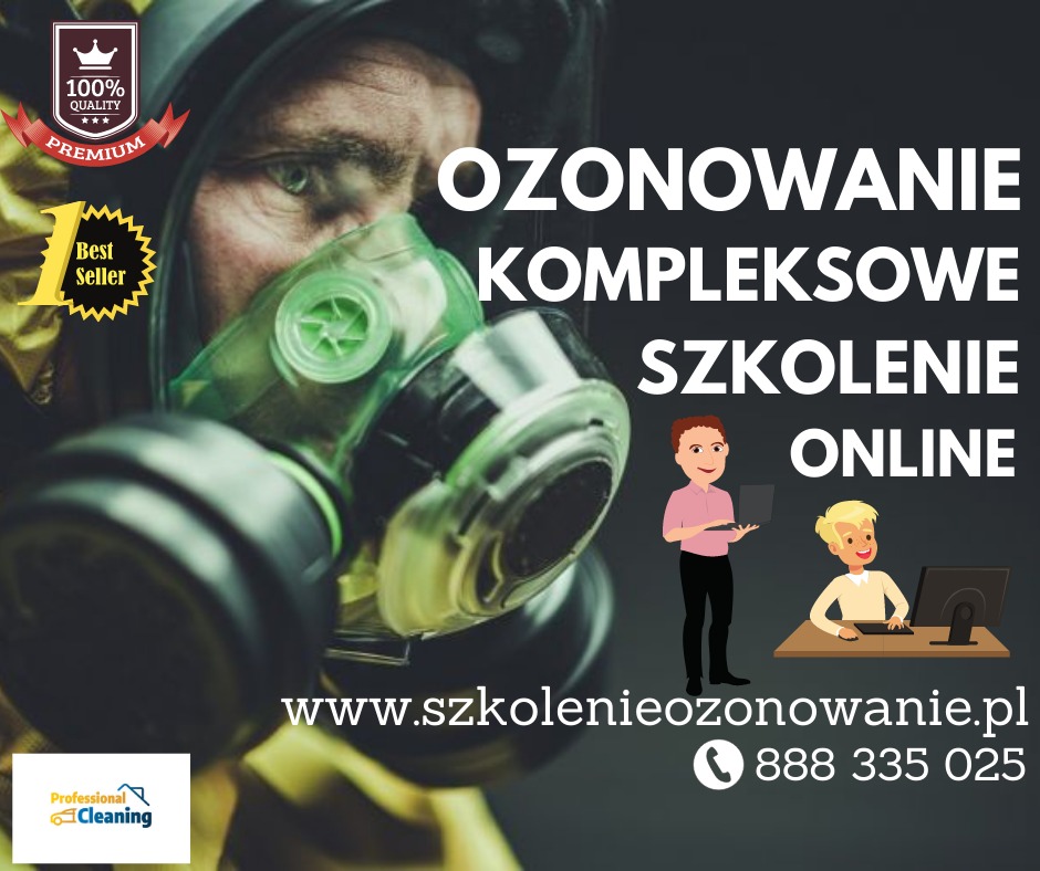 Grafika reklamowa szkolenia online z ozonowania, z twarzą osoby w masce ochronnej i logotypami jakości oraz czystości.