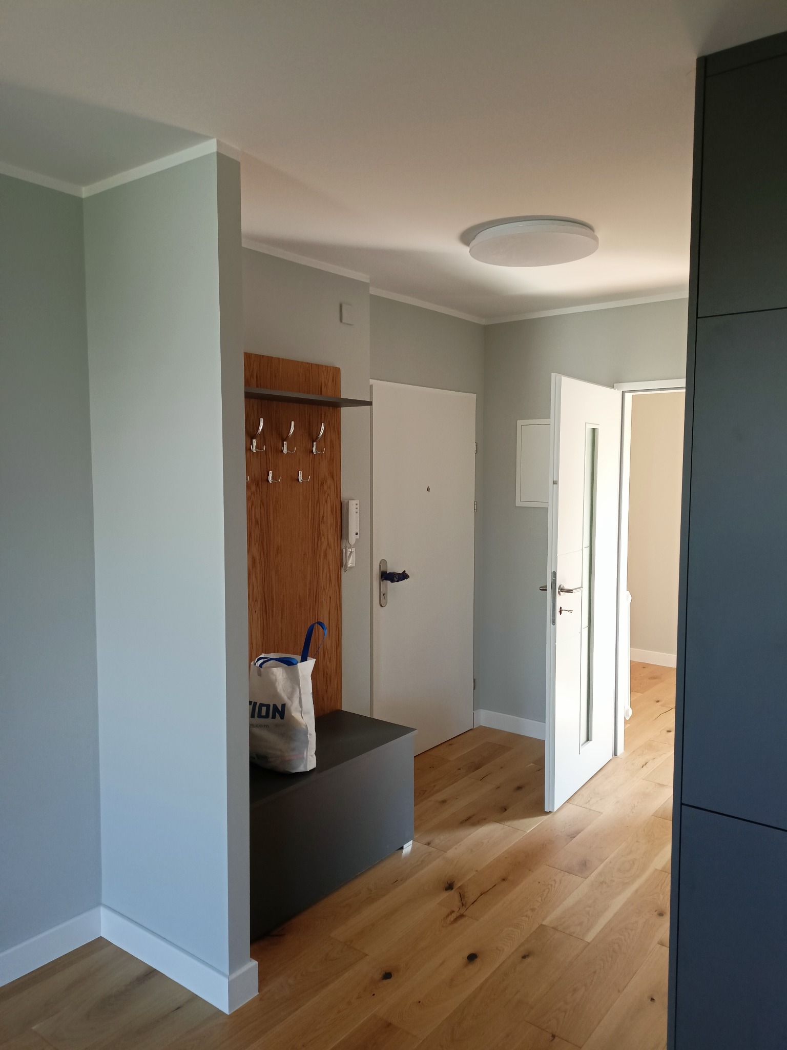 Nowoczesny przedpokój z drewnianą podłogą, szafką na buty z wieszakiem i otwartymi drzwiami do kolejnego pomieszczenia.