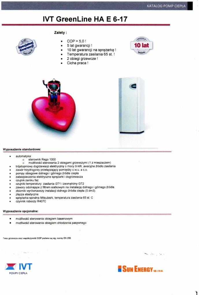 Katalog pompy ciepła IVT GreenLine HA E 6-17 z informacjami o zaletach, wyposażeniu standardowym i opcjonalnym, z symbolem serca i gwarancją.