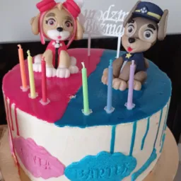 Tort urodzinowy dla bliźniaków z figurkami z bajki Psi Patrol, świeczkami i napisami z imionami 'Ania' i 'Bartek' na białym kremie.