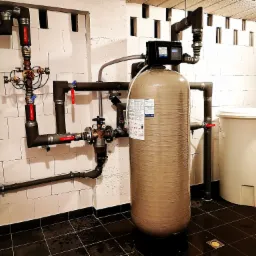 Instalacja uzdatniania wody w piwnicy: zbiornik z elektronicznym sterowaniem, rury z zaworami, białe ściany z pustaków i ciemna podłoga z płytek.