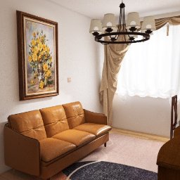 Da Vinci Arte Sp. z o.o. - Jasny salon z brązową skórzaną sofą, wiszącym żyrandolem, obrazem z żółtymi kwiatami i zasłonami w kolorze ecru.