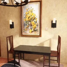 Jadalnia z ciemnym, drewnianym stołem i krzesłami w stylu chińskim, obraz z żółtymi różami na ścianie, oświetlenie boczne i dekoracyjna zasłona.