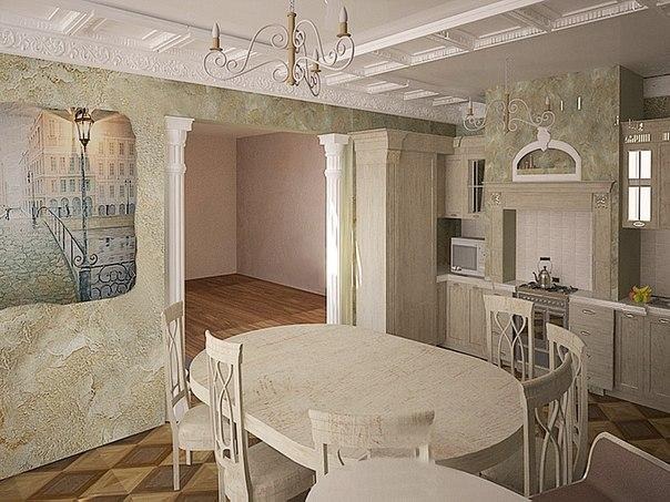 Elegancka kuchnia z jadalnią w stylu retro, z owalnym stołem, krzesłami z ażurowymi oparciami, dekoracyjnym oświetleniem i ścianą z efektem malowidła przedstawiającego wenecki krajobraz.