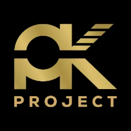 Złote logo CK PROJECT na czarnym tle, litery C i K połączone geometrycznie, z poziomymi paskami imitującymi skrzydło.