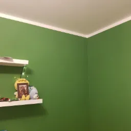 Ściana pomalowana na zielono w pokoju dziecięcym, z białą p&oacute;łką na kt&oacute;rej stoją pluszaki i ramka ze zdjęciem, widoczne białe listwy przysufitowe.