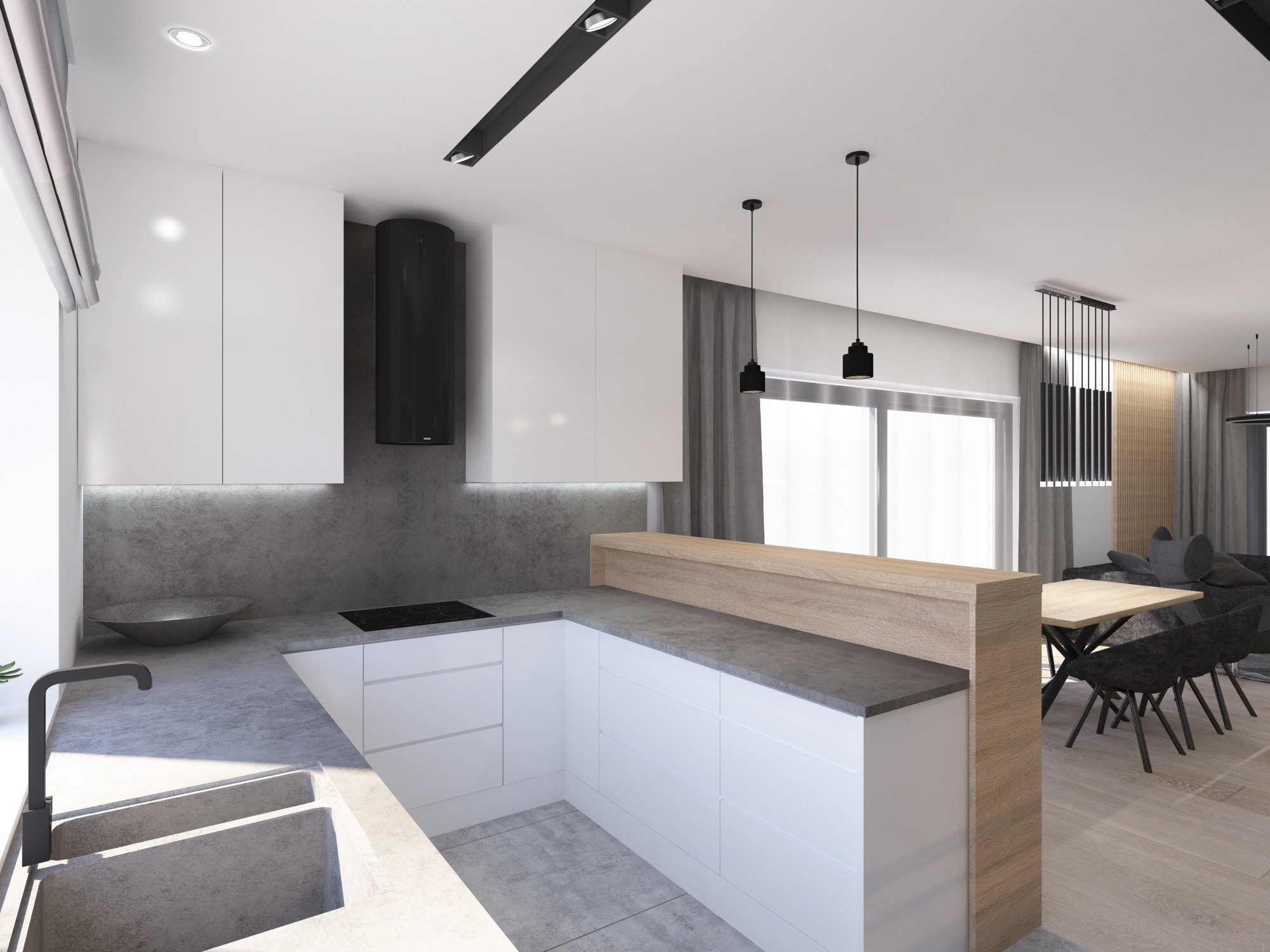 Nowoczesna, minimalistyczna kuchnia z białymi szafkami, szarym blatem i betonowym zlewem, oświetlona wiszącymi lampami i listwą LED, z widokiem na jadalnię z drewnianym stołem i czarnymi krzesłami.