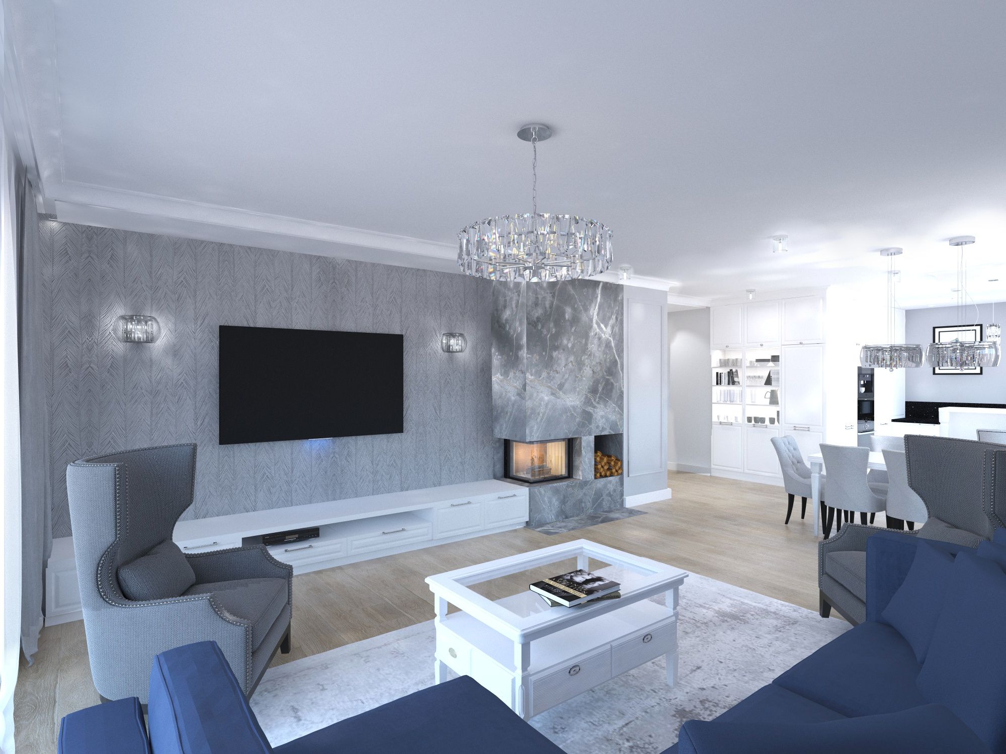 Elegancki salon z kominkiem obłożonym marmurem, kryształowym żyrandolem i niebieską sofą, widok na jadalnię i kuchnię w tle.
