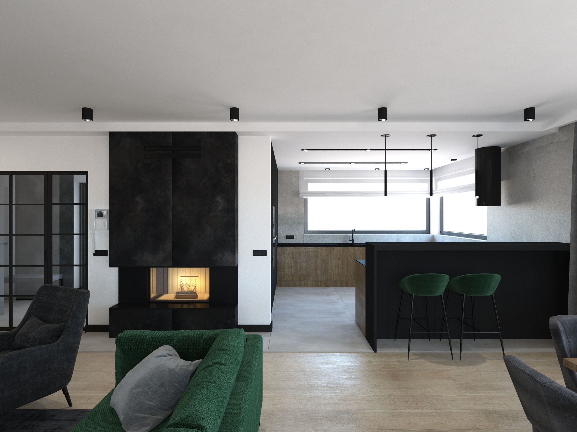 Wnętrze otwartego salonu z kominkiem, kuchnią i zielonymi akcentami: fotel, sofa i hokery, nowoczesne oświetlenie punktowe i wiszące.