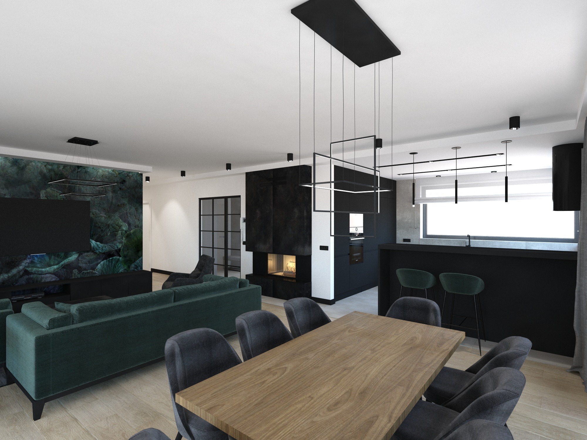 Wnętrze nowoczesnego salonu z jadalnią: drewniany stół otoczony szarymi krzesłami, zielona sofa na tle ściany z motywem roślinnym, czarna zabudowa z kominkiem i barek z zielonymi hokerami, wiszące...