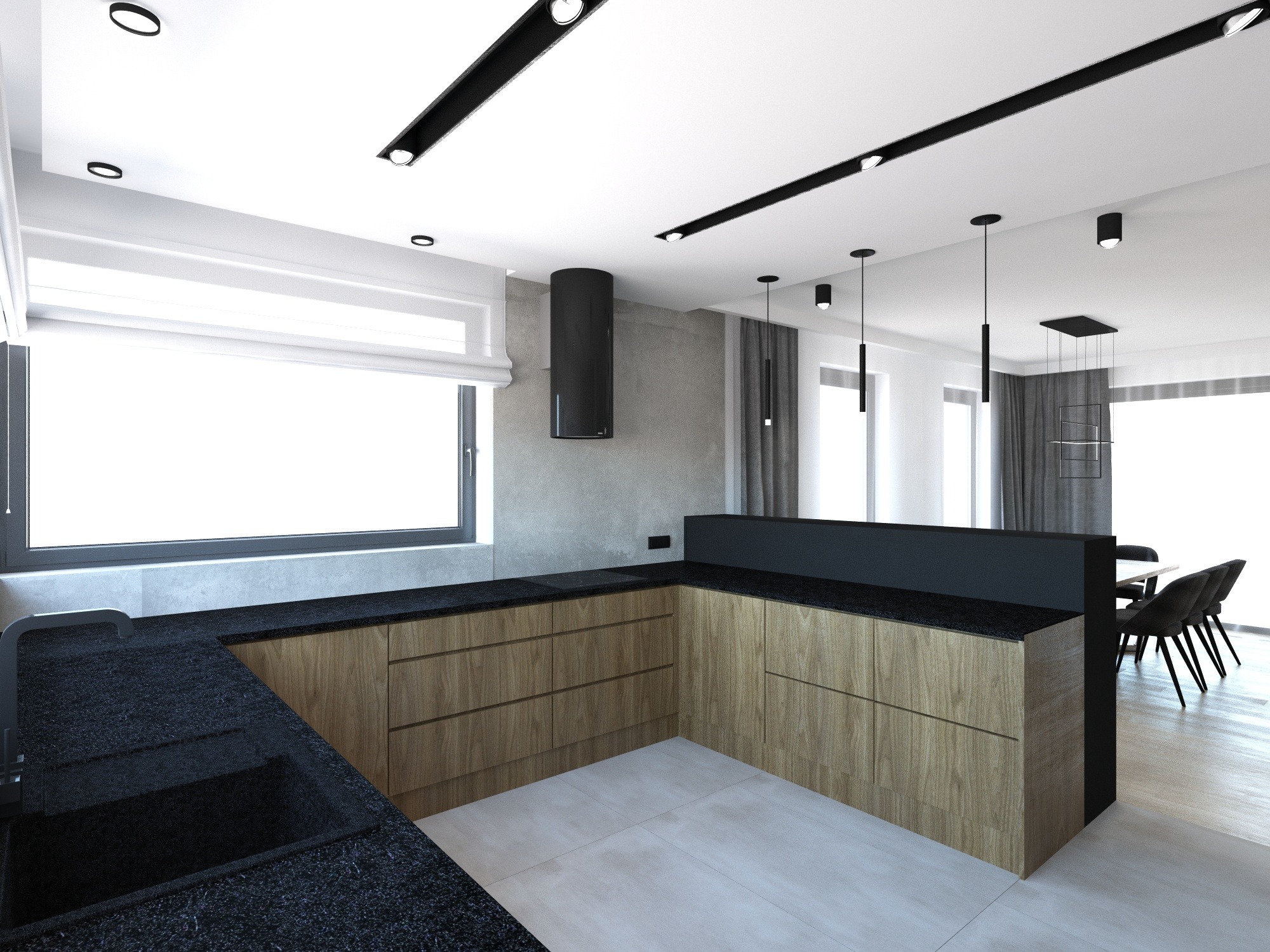 Wizualizacja nowoczesnej kuchni z drewnianymi szafkami, czarnym blatem i okapem, oświetleniem punktowym i wiszącymi lampami, widok na jadalnię z szarymi krzesłami.