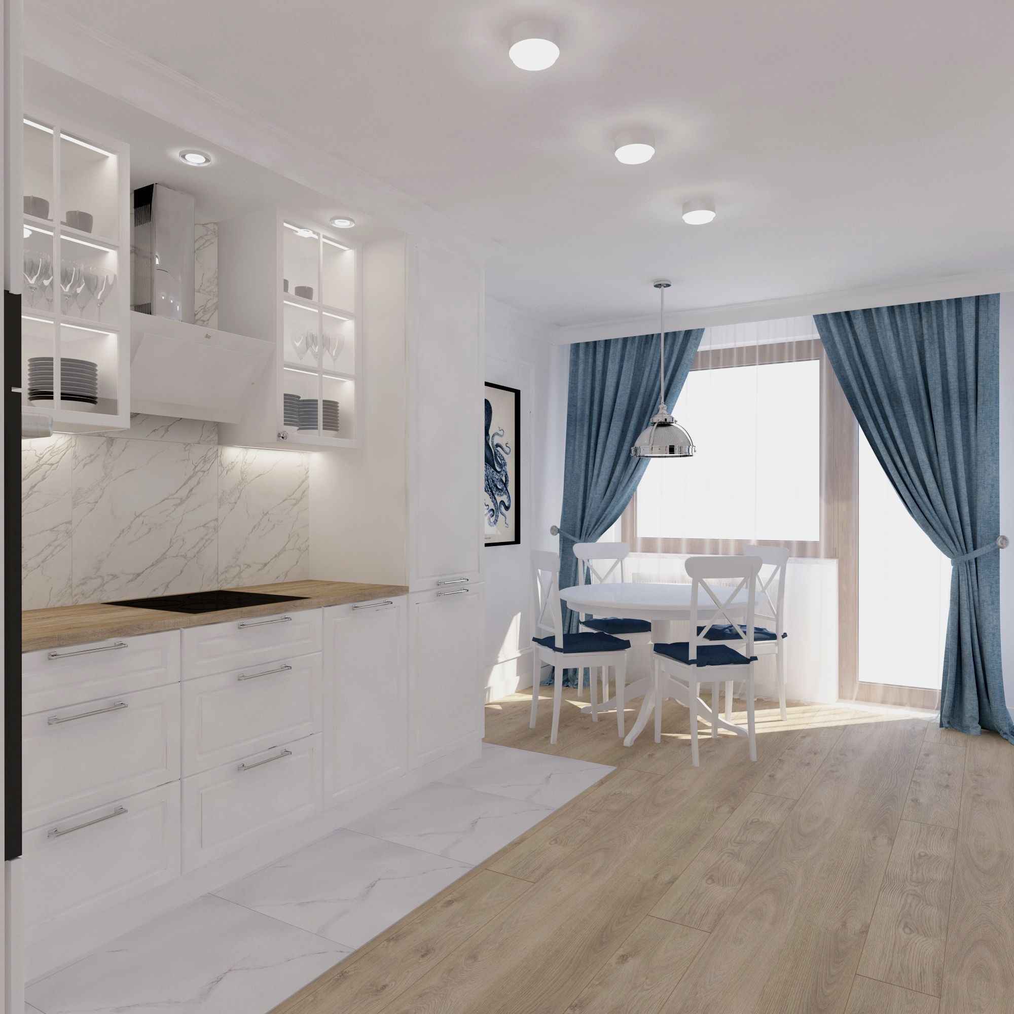 Wizualizacja kuchni z białymi szafkami, marmurowym backsplashiem, drewnianym blatem i okrągłym stołem z krzesłami pod wiszącą lampą, uzupełniona niebieskimi zasłonami i abstrakcyjnym obrazem...