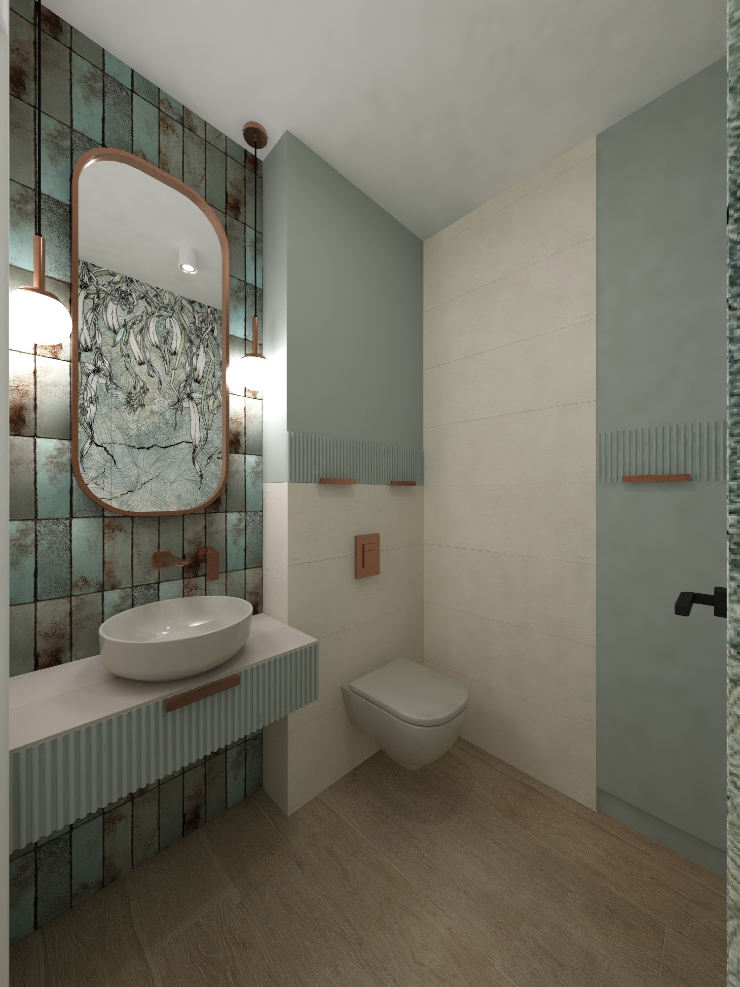 Wizualizacja łazienki z umywalką nablatową, toaletą podwieszaną i lustrem w miedzianej ramie na tle mozaiki w odcieniach turkusu i brązu, oświetlonej wiszącymi lampami.