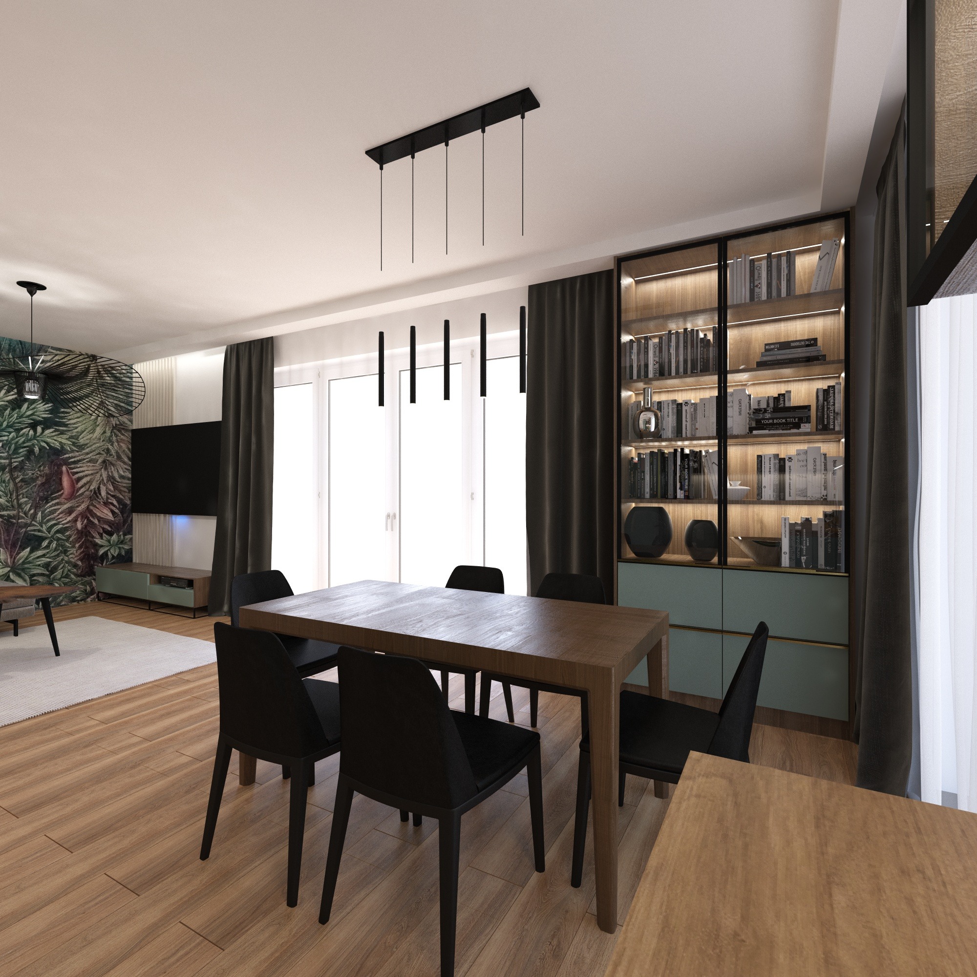 Jadalnia w nowoczesnym stylu z drewnianym stołem, czarnymi krzesłami, oświetleniem punktowym i regałem z podświetleniem, na tle okna z zasłonami i ściany z motywem roślinnym.