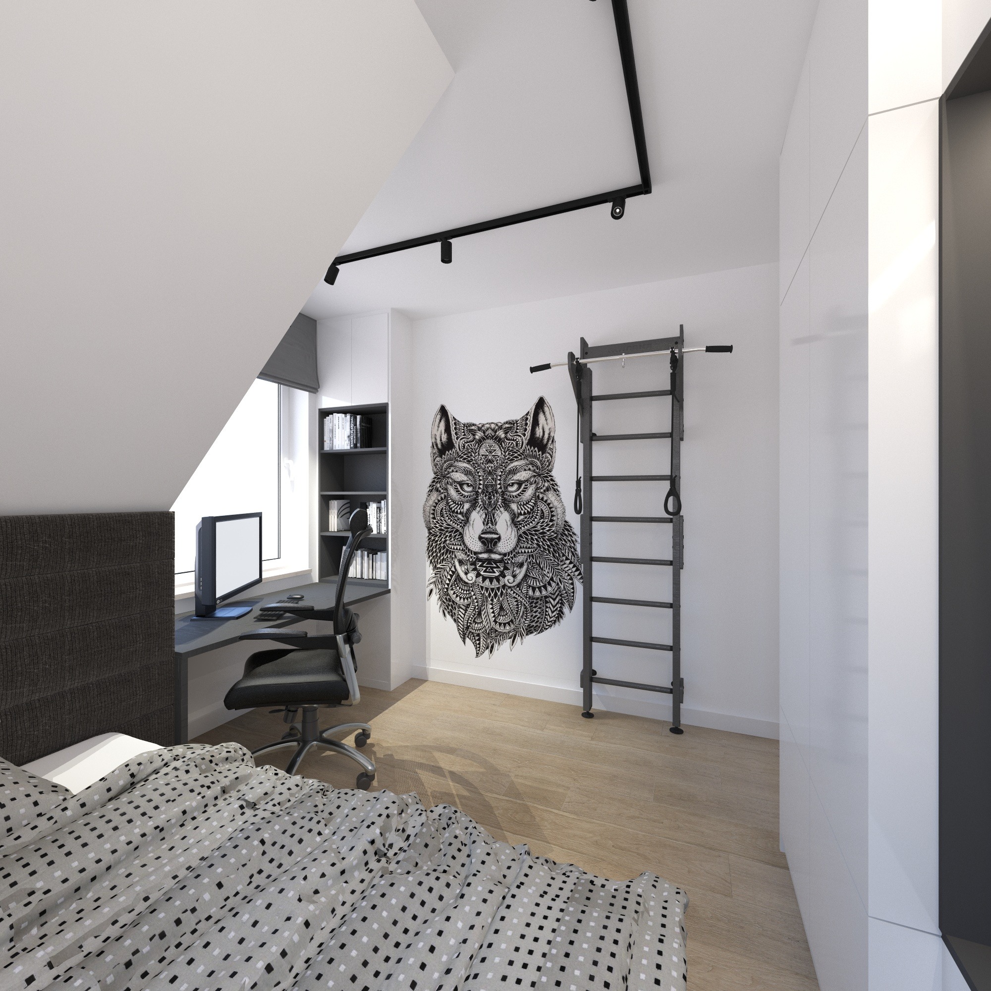 Pokój na poddaszu z łóżkiem w geometryczny wzór, biurkiem z komputerem, regałem z książkami, drabinką gimnastyczną i dekoracyjnym rysunkiem wilka na ścianie.