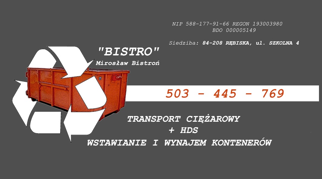 Grafika reklamowa z pomarańczowym kontenerem na gruz częściowo przesłoniętym symbolem recyklingu, numerem telefonu i informacjami o firmie.
