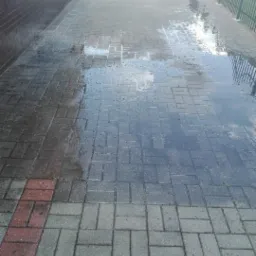 Częściowo umyta kostka brukowa na podjeździe, widoczna różnica w kolorze między czystą a brudną powierzchnią, z kałużami odbijającymi niebo.