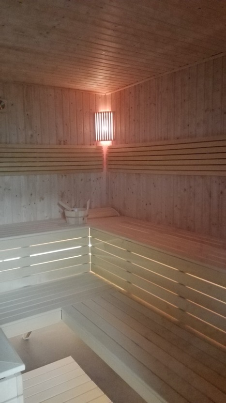 Wnętrze sauny wykończone jasnym drewnem, z drewnianymi ławkami na różnych poziomach i oświetleniem ściennym w postaci pionowych listew.