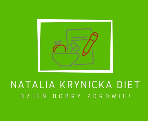 Logo firmy Natalia Krynicka Diet z misą warzyw i owoców oraz planem żywieniowym i długopisem na zielonym tle.