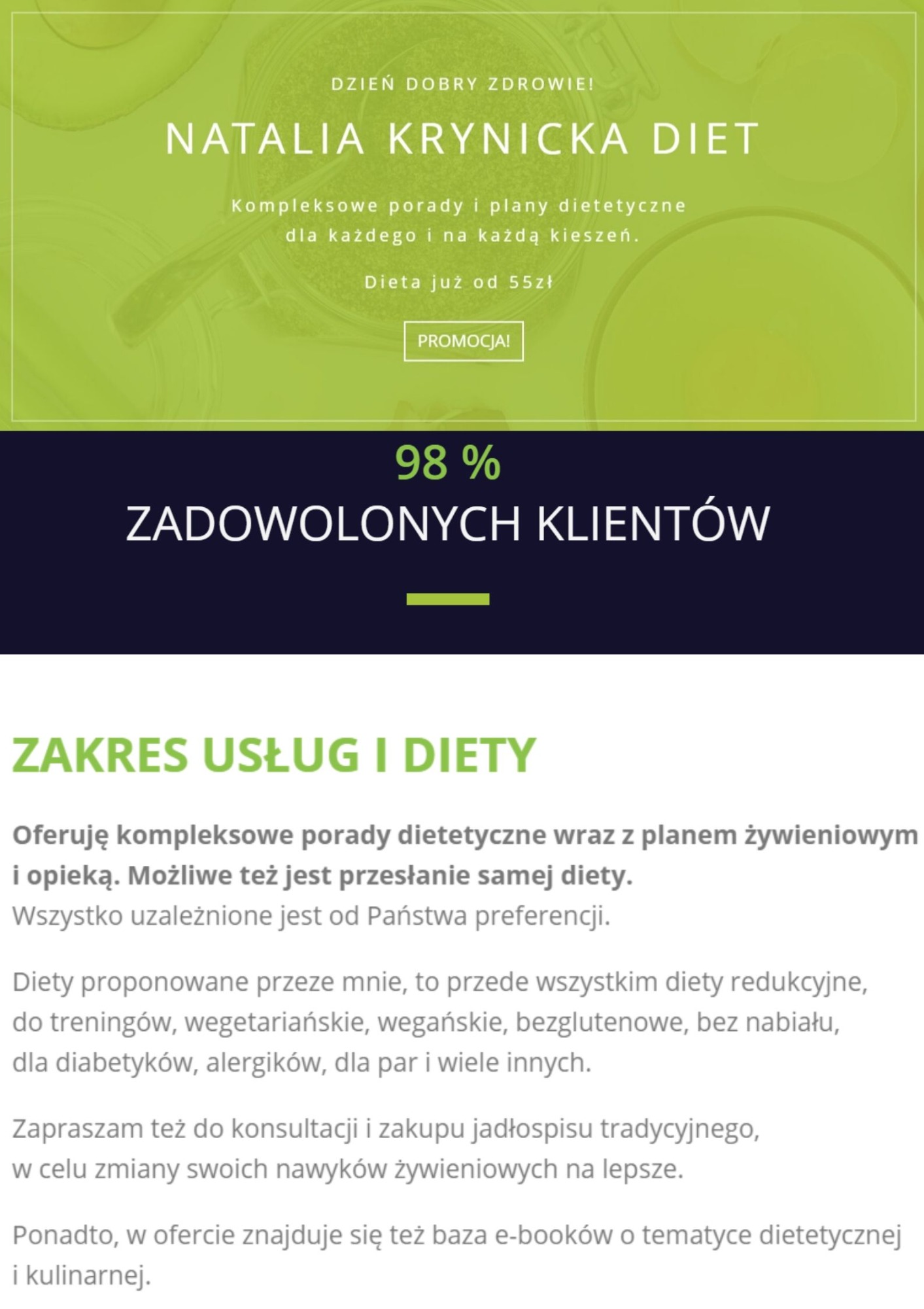 Grafika reklamowa z tekstem oferująca kompleksowe porady i plany żywieniowe, z informacją o wysokim poziomie zadowolenia klientów i promocji.