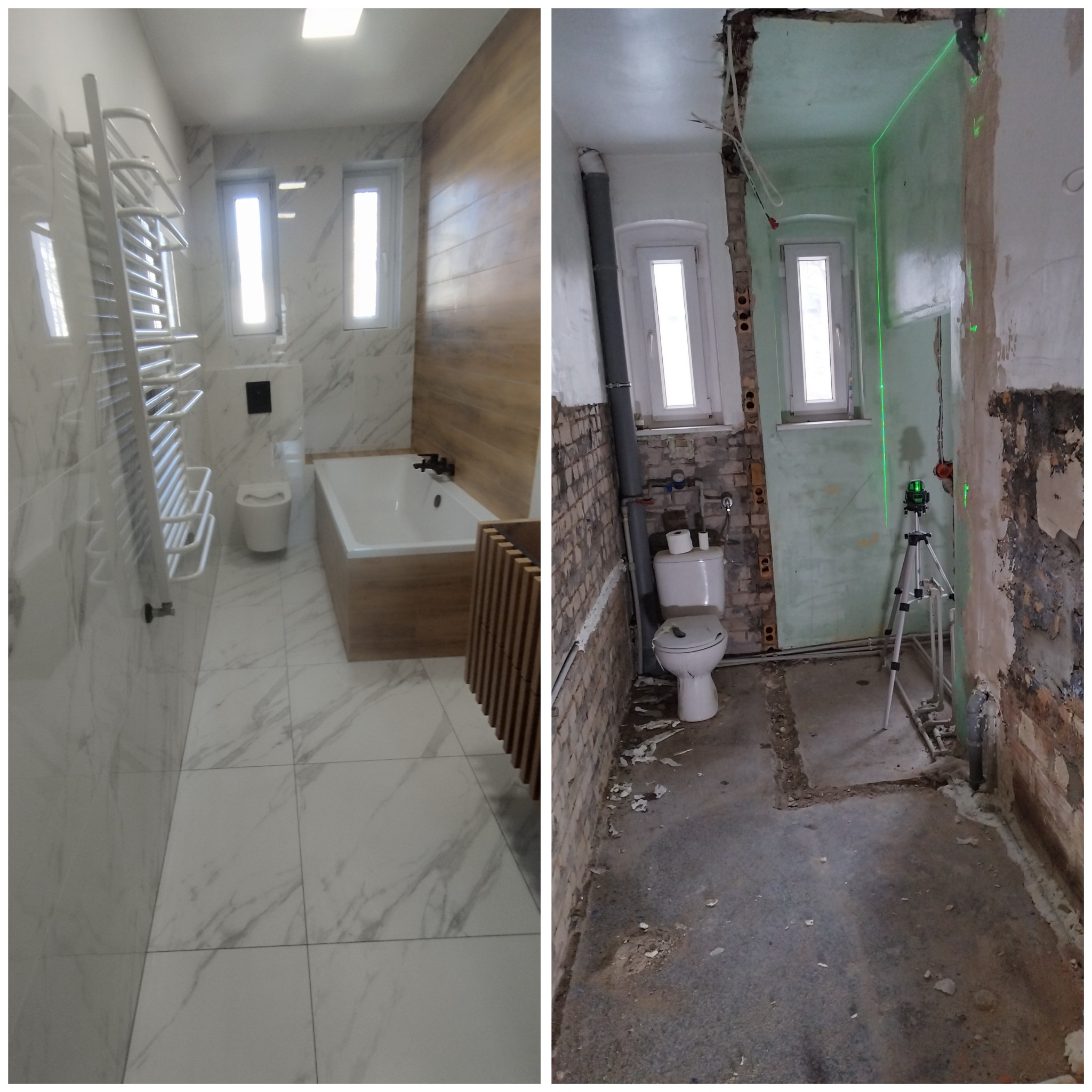 Podwójne ujęcie łazienki: po lewej wykończona, z białymi marmurowymi płytkami, drewnianą obudową wanny i grzejnikiem drabinkowym; po prawej w trakcie prac, z odsłoniętymi ścianami, laserem...