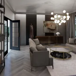 Wizualizacja salonu w Szczecinie z szarą sofą, okrągłym stolikiem kawowym z marmurowym blatem, regałem z książkami i dekoracjami oraz nowoczesnym oświetleniem.