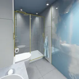 Wizualizacja łazienki z kabiną prysznicową w złotych ramach, umywalką z marmurowym blatem i lustrem w niebieskiej mozaikowej obudowie, z akcentem w postaci ściany z motywem nieba.