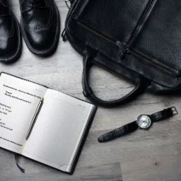 Eleganckie czarne buty, skórzana torba, zegarek i otwarty notatnik z zapisanymi danymi kontaktowymi rzeczoznawcy na drewnianym tle.