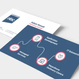 Dwie wizytówki firmy NBC: jedna z logo i danymi kontaktowymi, druga przedstawiająca schemat oferowanych usług: Managed Services, Application Development, IT Outsourcing i Nearshore Delivery Centre.