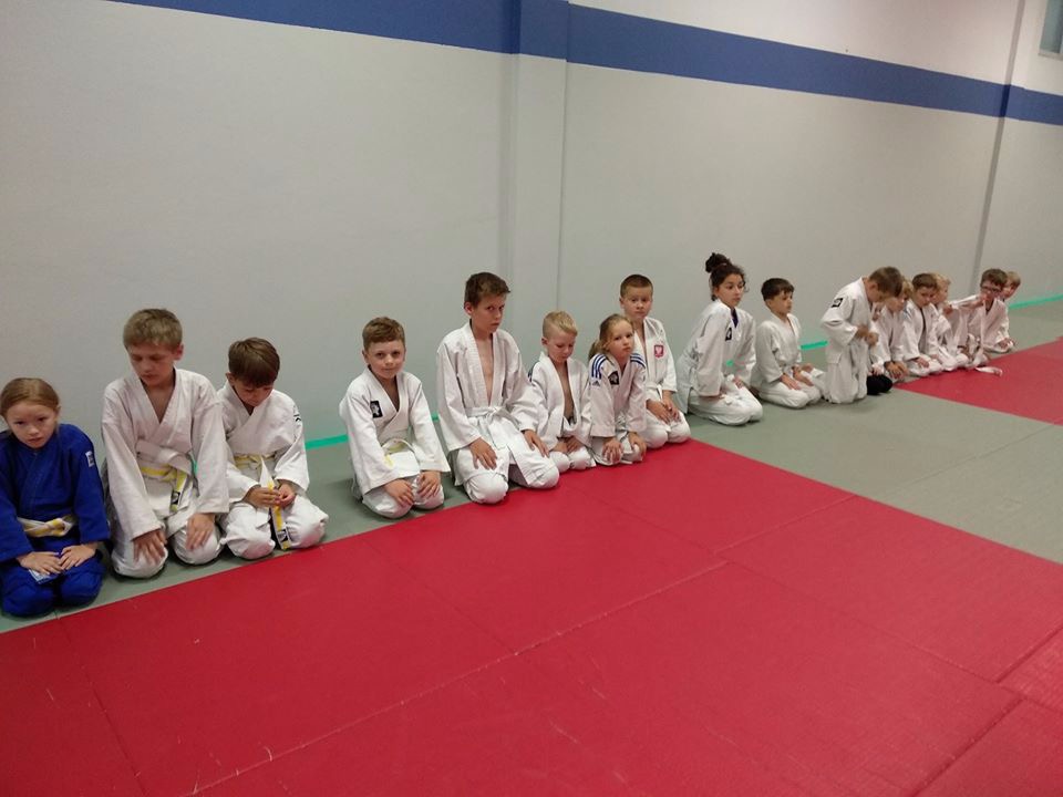 Grupa dzieci w białych kimonach klęczy na macie w sali treningowej, niektóre z żółtymi pasami, w rzędzie, wykonując ukłon.