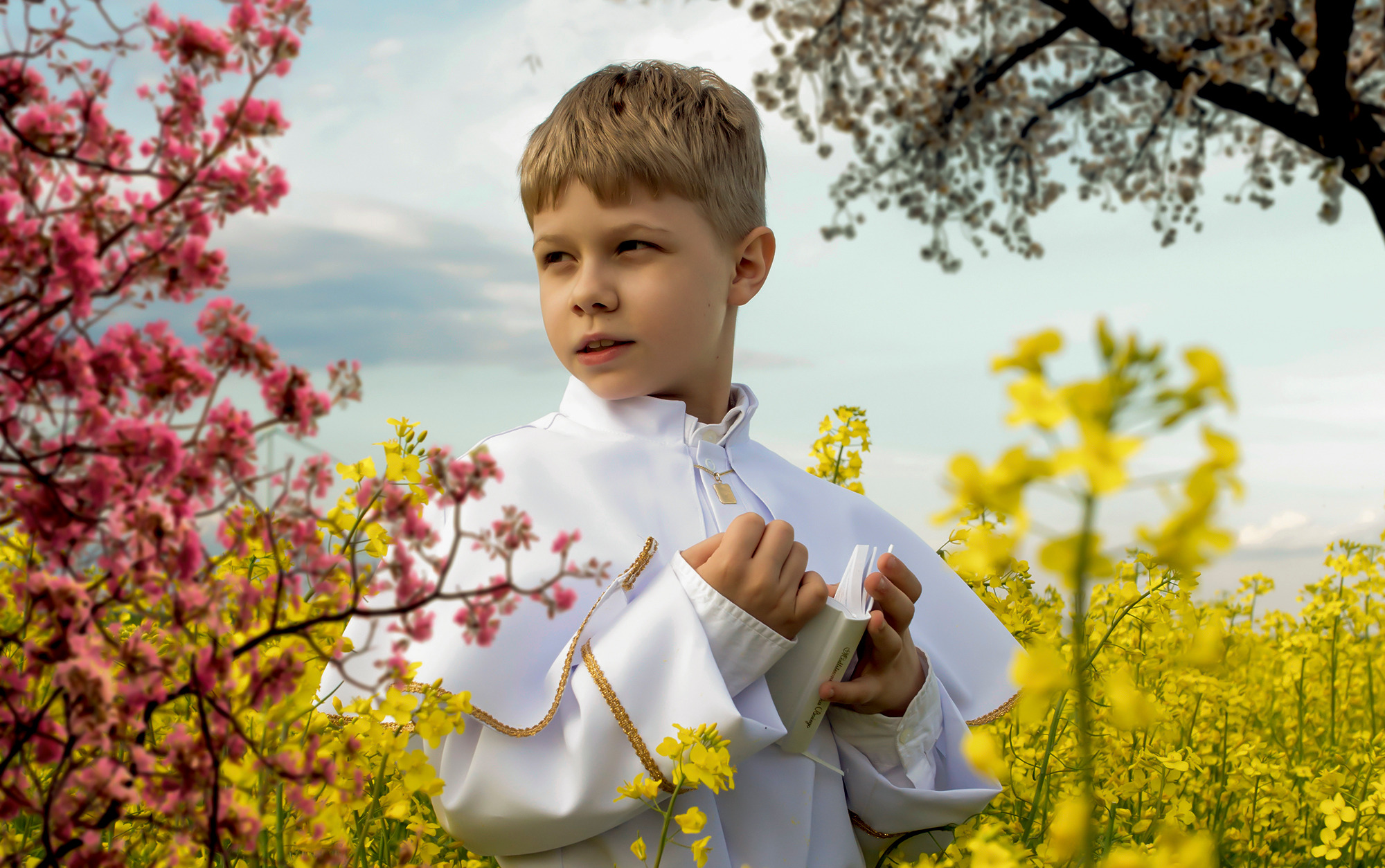 Chłopiec w białej albie, trzymający książeczkę, pozuje w plenerze wśród kwitnących drzew i żółtych kwiatów rzepaku.