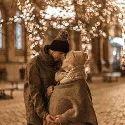 Marika Małek - Przyszła mama w beżowej czapce i ponczo, wtulona w partnera pod rozświetlonymi drzewami, delikatne ujęcie z bliska.