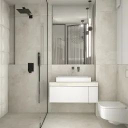 Nowoczesna łazienka z kabiną prysznicową typu walk-in, białą umywalką nablatową na szafce, podwieszaną miską WC i czarną armaturą.