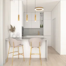 Wizualizacja minimalistycznej, jasnej kuchni z wyspą, złotymi akcentami w postaci baterii i lamp wiszących, oraz dwoma krzesłami barowymi z beżową tapicerką i złotymi nogami.