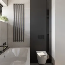 Minimalistyczna łazienka z wanną, grzejnikiem drabinkowym, wiszącą toaletą i czarnymi akcentami, podkreślona przez roślinę doniczkową na parapecie.