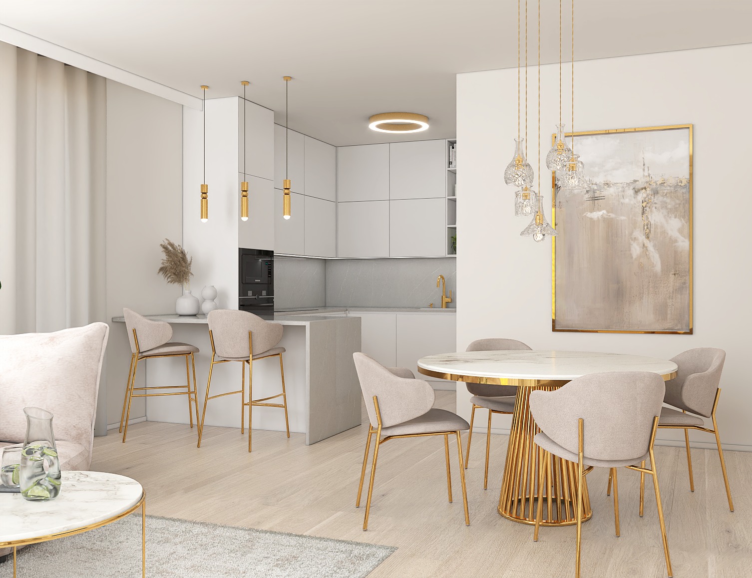 Wizualizacja nowoczesnego, jasnego wnętrza: otwarta kuchnia z wyspą i barkiem, jadalnia z okrągłym stołem na złotej podstawie, minimalistyczne oświetlenie punktowe i wiszące lampy nad stołem, obraz...