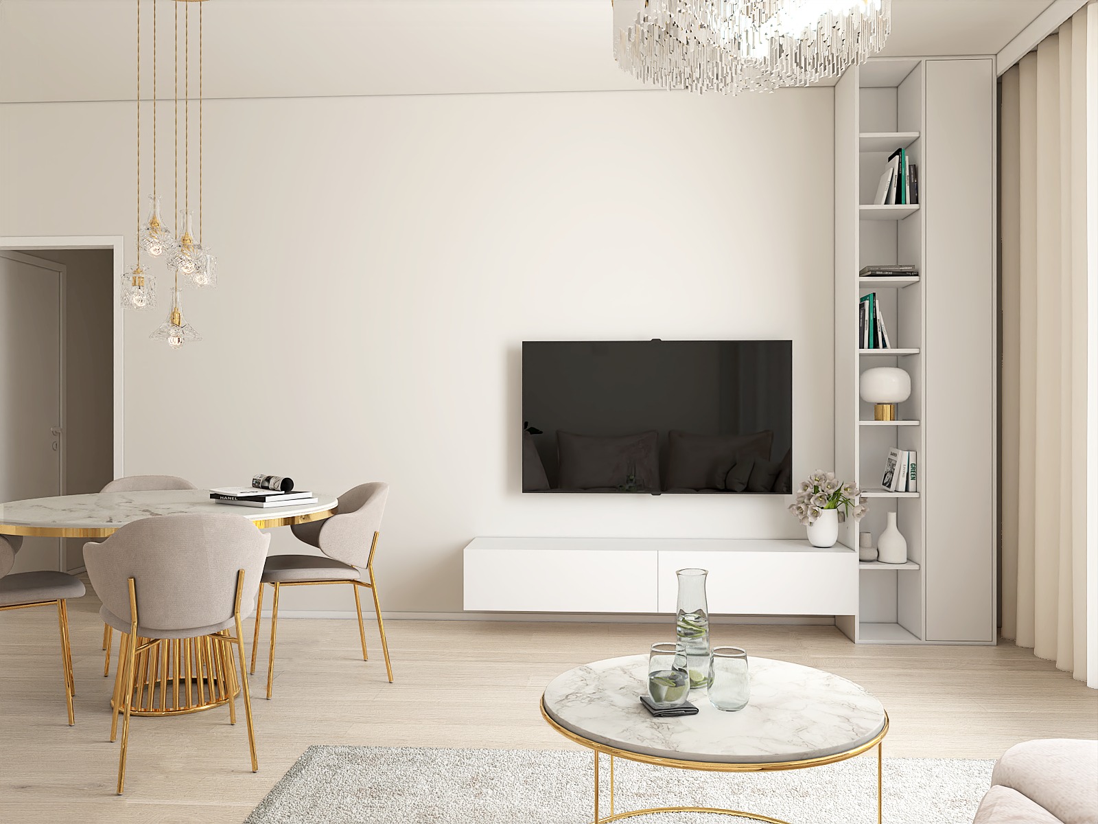 Jasne wnętrze salonu z jadalnią w stylu minimalistycznym, z okrągłym stołem z marmurowym blatem i złotymi nogami, telewizorem na ścianie i dekoracyjną biblioteczką, oświetlone przez designerski...