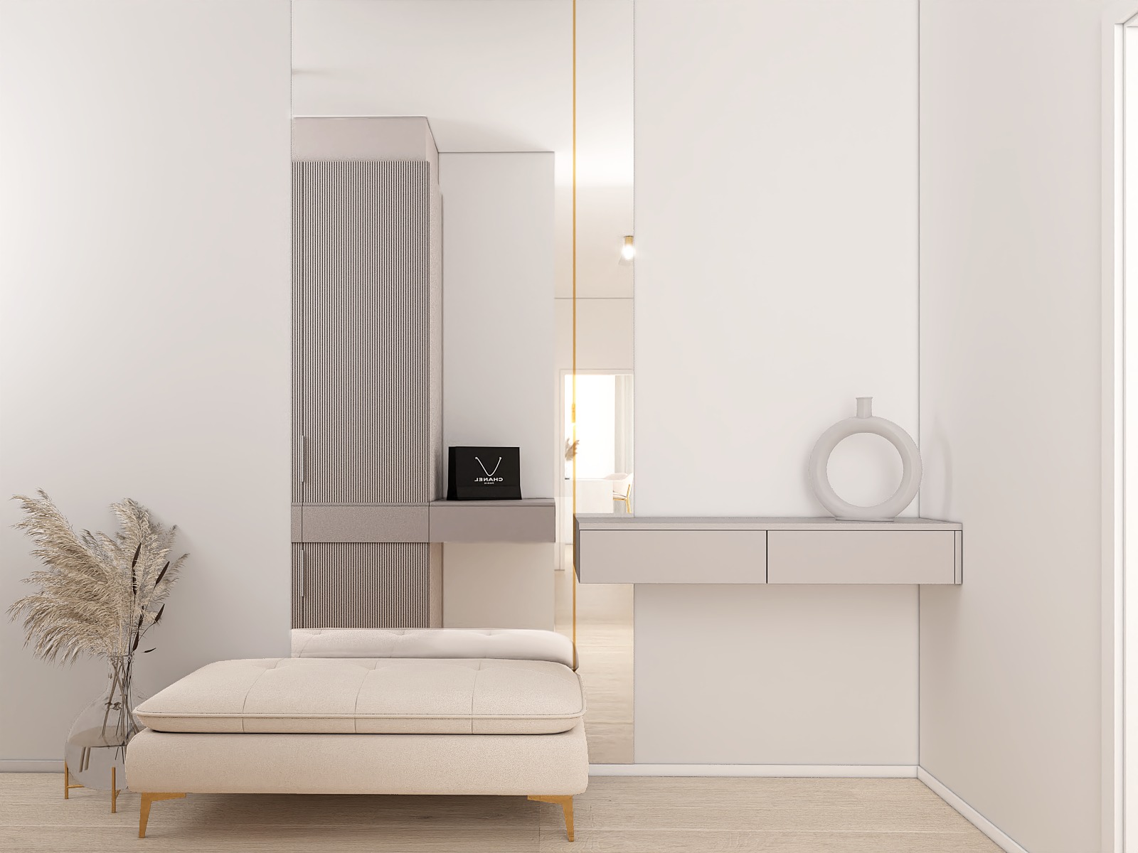 Minimalistyczny przedpokój w odcieniach beżu i bieli z pufą, szafką z lustrem, konsolą z wazonem i dekoracyjną trawą w szklanym wazonie.