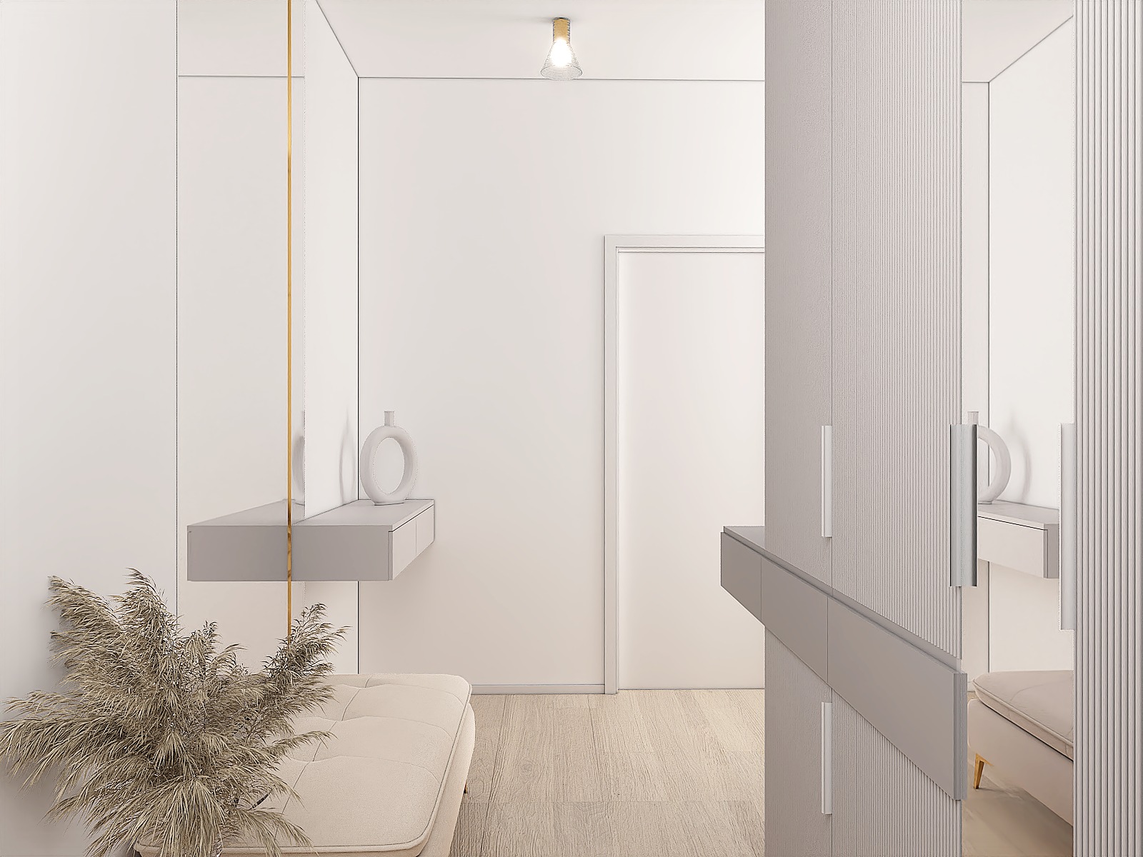 Minimalistyczny przedpokój w bieli i szarościach z pampasową trawą, wiszącą konsolą z dekoracyjną ceramiką i tapicerowanym siedziskiem, oświetlony punktowo.