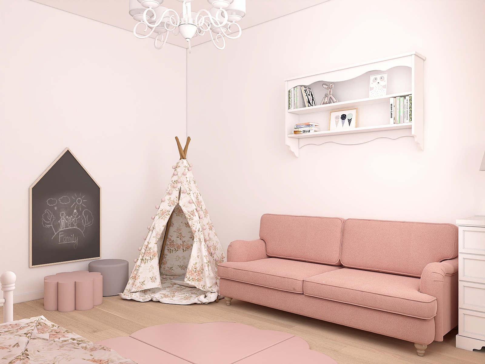 Pokój dziecięcy w pastelowych różach z tipi z kwiatowym wzorem, różową sofą i tablicą kredową z rysunkiem rodziny.