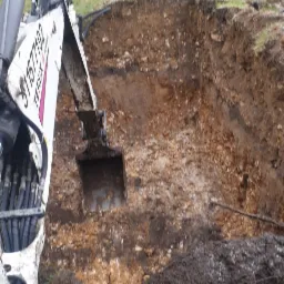 Minikoparka Terex z łyżką zagłębiająca się w wykop w ziemi, widoczne warstwy gleby i trawa na krawędzi wykopu, w tle drzewa.