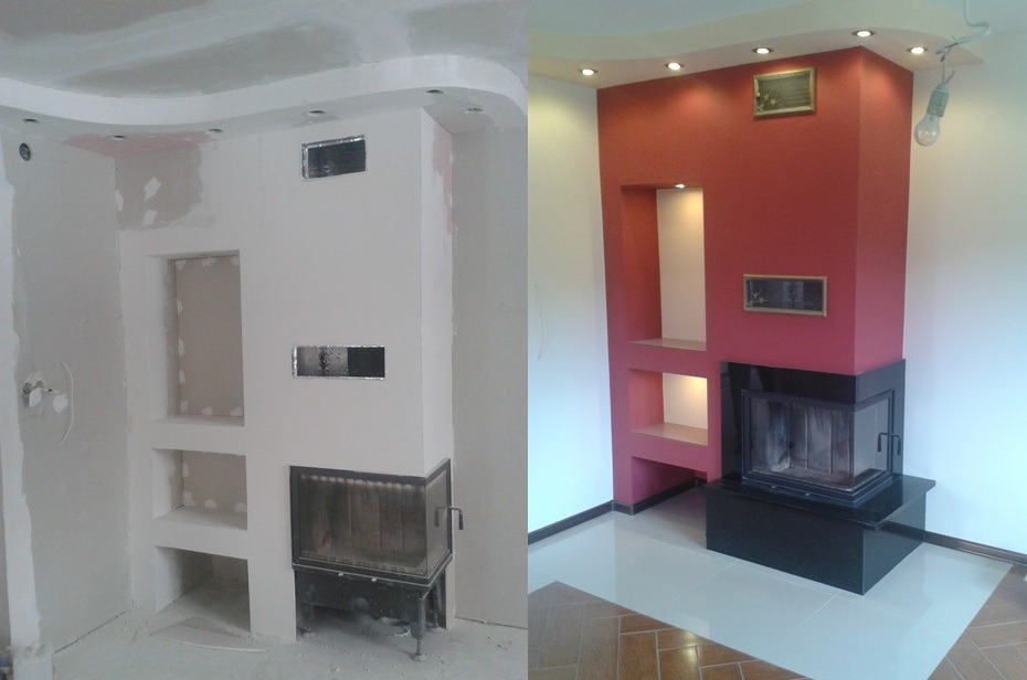 Kominek narożny , w trakcie prac i po ich zakończeniu